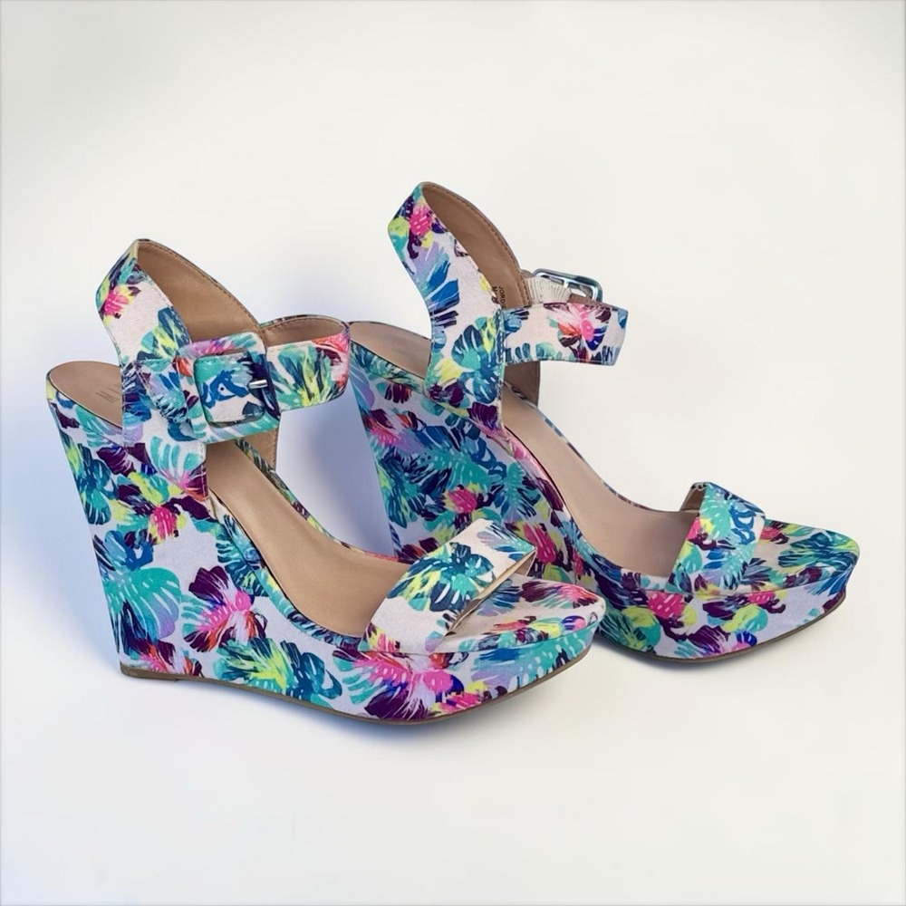 MIX NO. 6 Jordie Floral Palm Leaf Wedge Platform Sandals Heels Womens Size 9.5